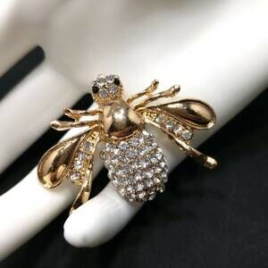 Vintage Clear Rhinestone Bee Insect Brooch, Black Rhinestone Eyes, Gold Plated